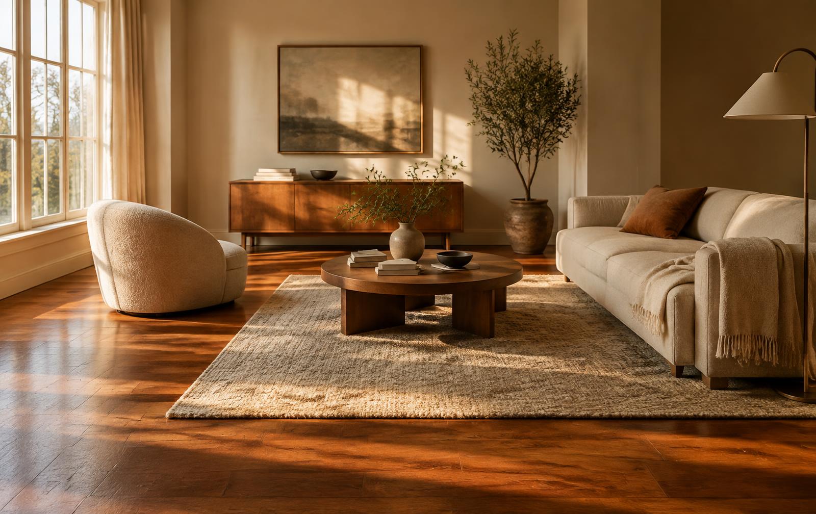 Oak floor with wool rug in a sunlit living room